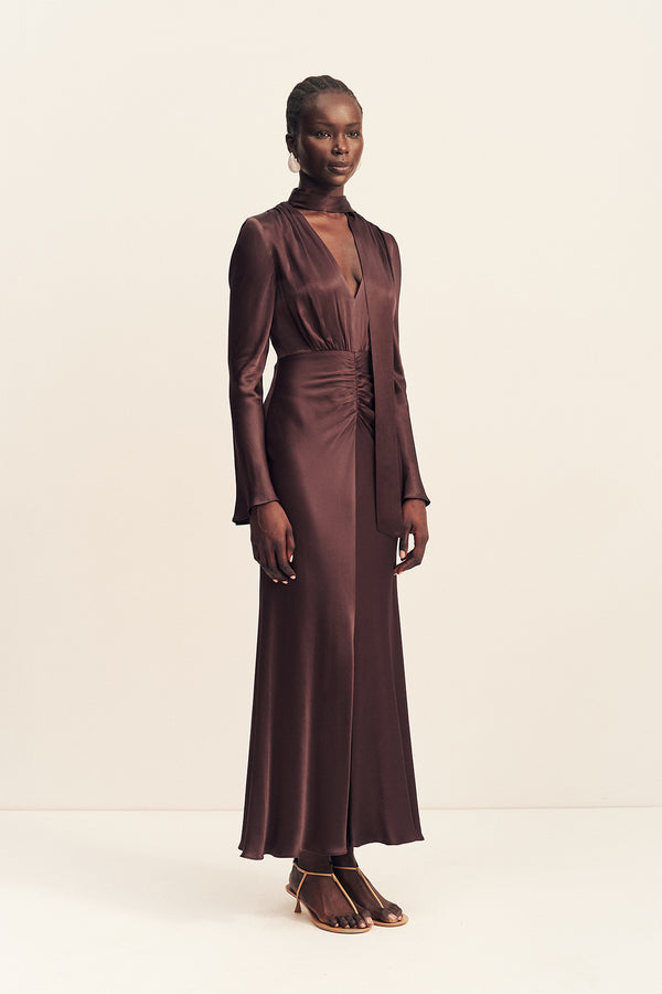 LA LUNE PLUNGED LONG SLEEVE MAXI DRESS - ESPRESSO