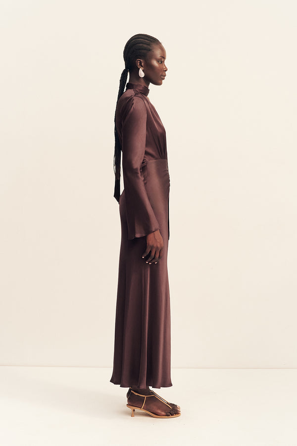 LA LUNE PLUNGED LONG SLEEVE MAXI DRESS - ESPRESSO