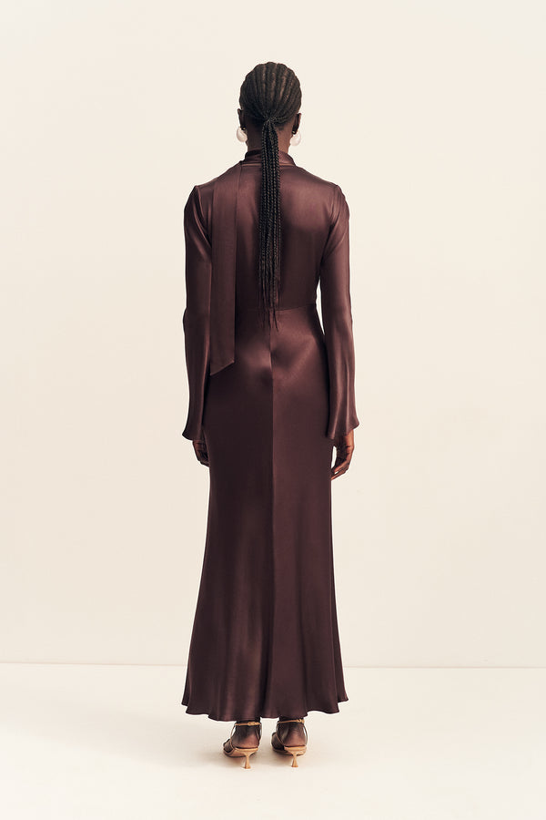 LA LUNE PLUNGED LONG SLEEVE MAXI DRESS - ESPRESSO