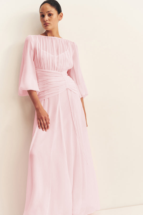 AMINA HIGH NECK BALLOON SLEEVE MAXI DRESS - FAIRYFLOSS
