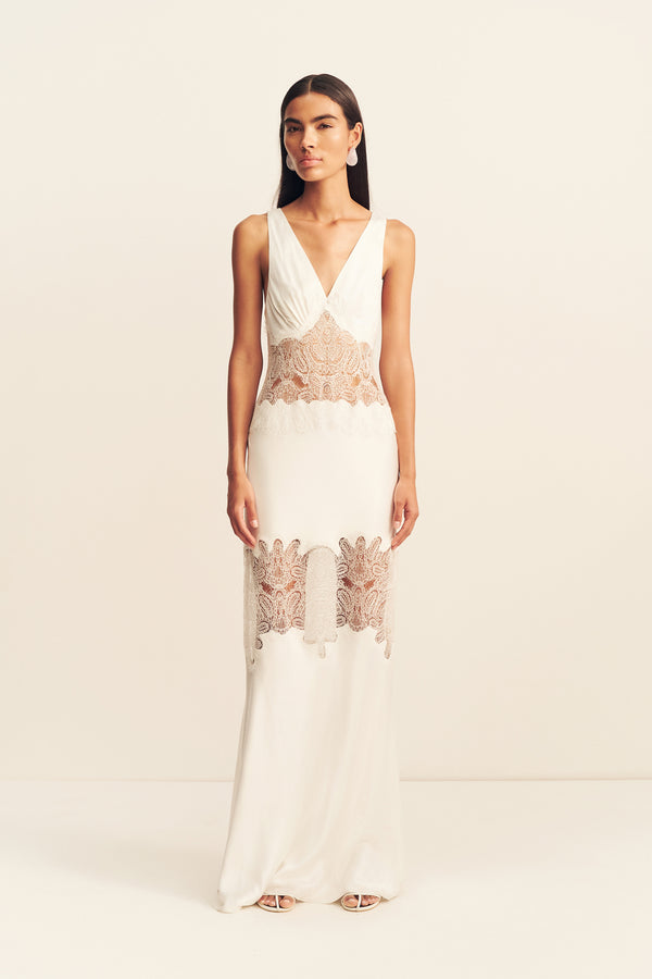 STRATUS PLUNGED LACE PANELLED MAXI DRESS - IVORY_F