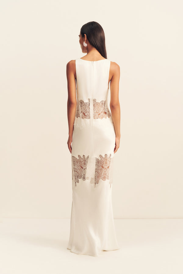 STRATUS PLUNGED LACE PANELLED MAXI DRESS - IVORY