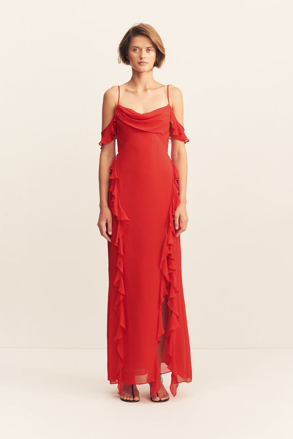 AMINA RUFFLE COWL MAXI DRESS - CHILLI_F