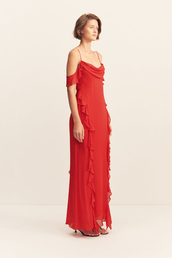 AMINA RUFFLE COWL MAXI DRESS - CHILLI_A