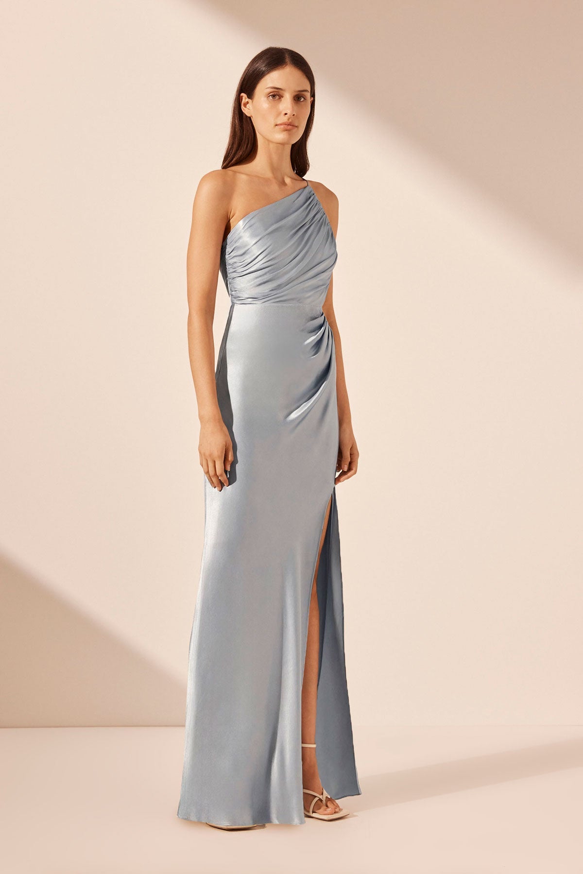 Lunia | Powder Blue Broderie Asymmetric-Neck Maxi Dress