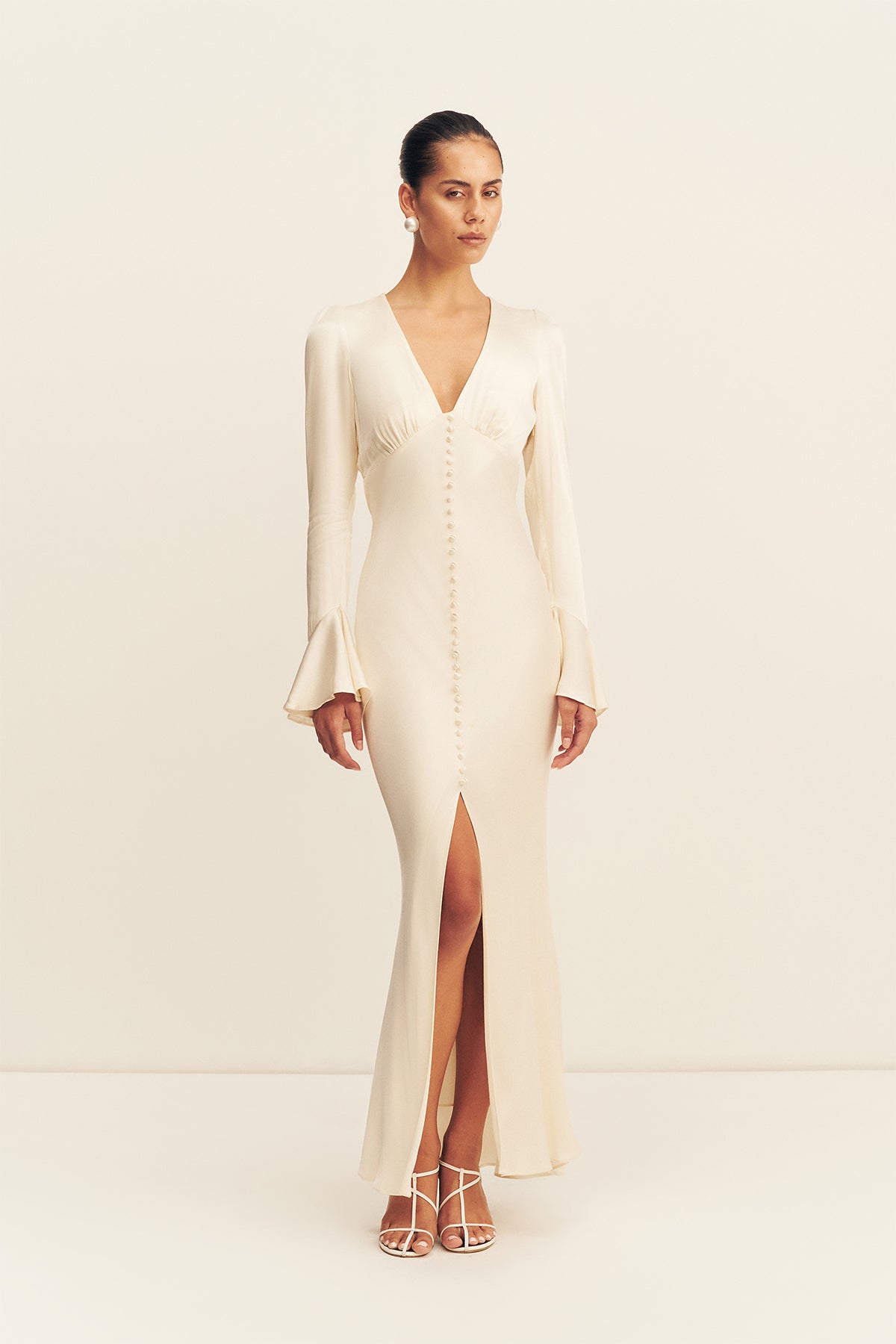 La Lune Frill Cuff Bias Midi Dress | Cream | Dresses | Shona Joy