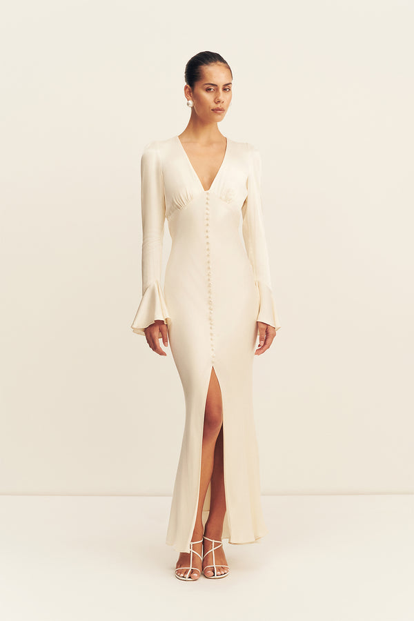 LA LUNE FRILL CUFF BIAS MIDI DRESS - CREAM