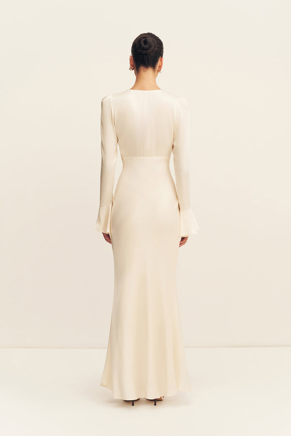 La Lune Frill Cuff Bias Midi Dress | Cream | Dresses
