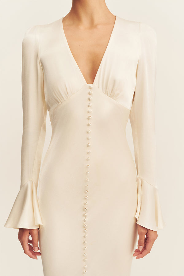 LA LUNE FRILL CUFF BIAS MIDI DRESS - CREAM