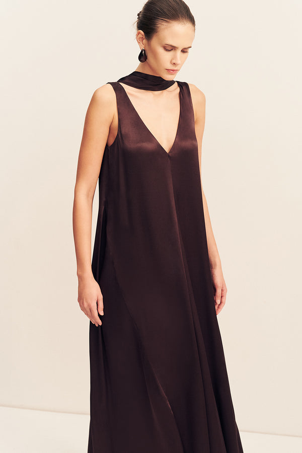 LA LUNE SCARF PANELLED MAXI DRESS - ESPRESSO