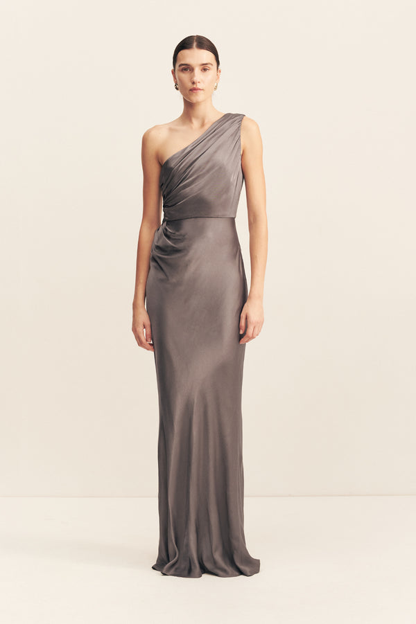 LA LUNE GATHERED ONE SHOULDER MAXI DRESS - GRAPHITE_F