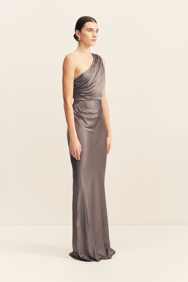 LA LUNE GATHERED ONE SHOULDER MAXI DRESS - GRAPHITE