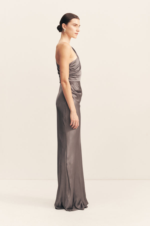 LA LUNE GATHERED ONE SHOULDER MAXI DRESS - GRAPHITE