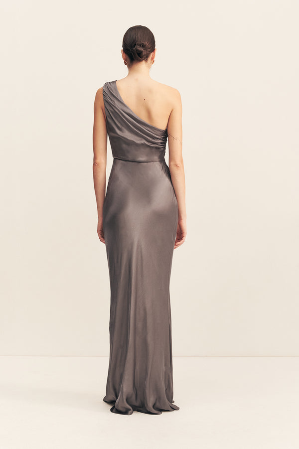 LA LUNE GATHERED ONE SHOULDER MAXI DRESS - GRAPHITE