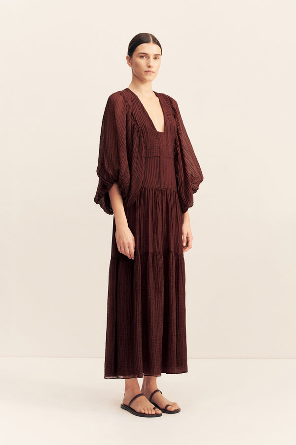 ANIKA BALLOON SLEEVE MIDI DRESS - UMBER