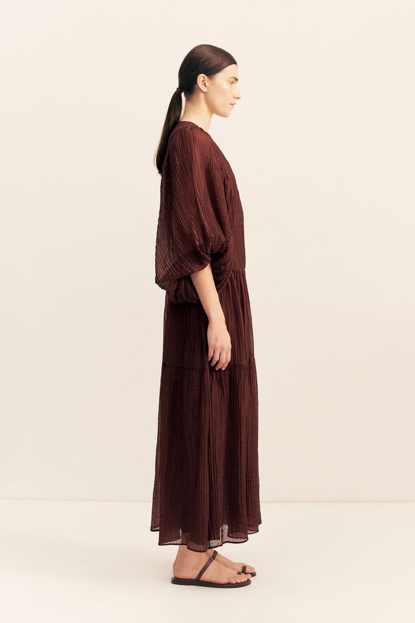 ANIKA BALLOON SLEEVE MIDI DRESS - UMBER