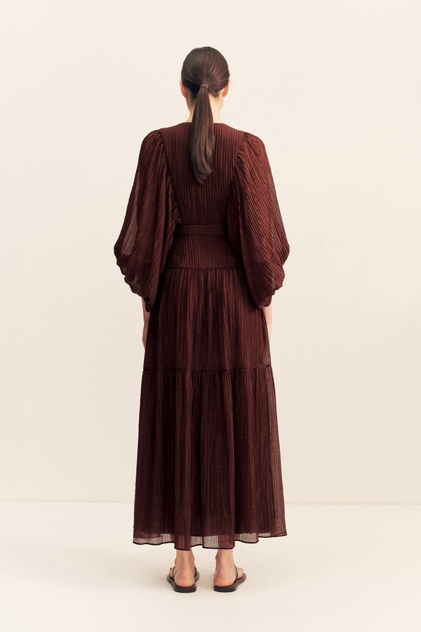 ANIKA BALLOON SLEEVE MIDI DRESS - UMBER