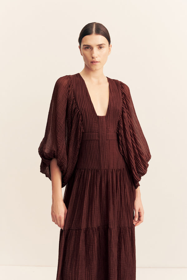 ANIKA BALLOON SLEEVE MIDI DRESS - UMBER