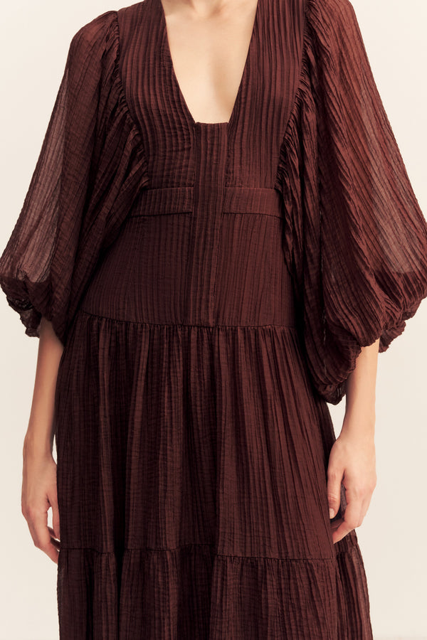 ANIKA BALLOON SLEEVE MIDI DRESS - UMBER
