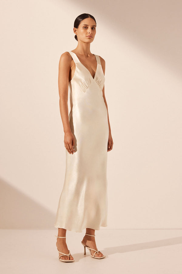 LA LUNE PLUNGED MIDI DRESS - CREAM_A