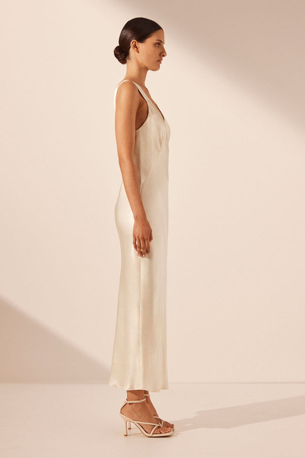 LA LUNE PLUNGED MIDI DRESS - CREAM_S