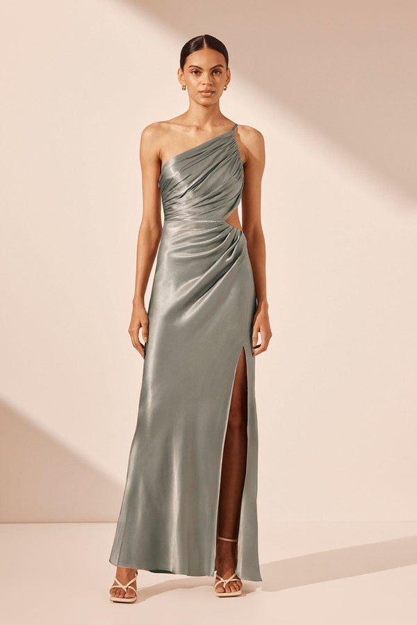 LA LUNE ASYMMETRICAL GATHERED MAXI DRESS - SAGE_F