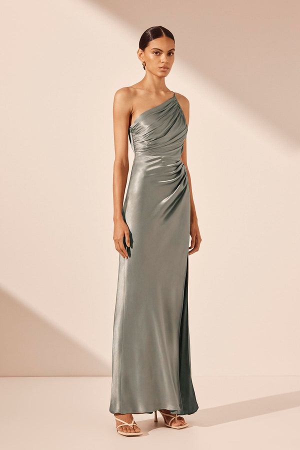 LA LUNE ASYMMETRICAL GATHERED MAXI DRESS - SAGE_A