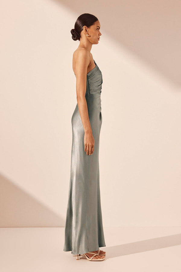 la lune asymmetrical gathered maxi dress sage La Lune Asymmetrical Gathered Maxi Dress | Sage | Dresses