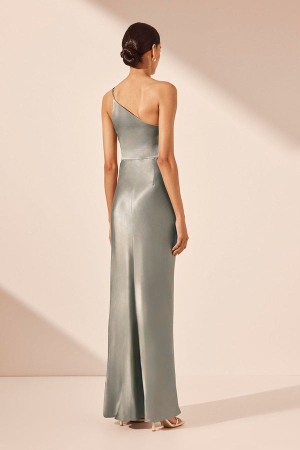 LA LUNE ASYMMETRICAL GATHERED MAXI DRESS - SAGE_B
