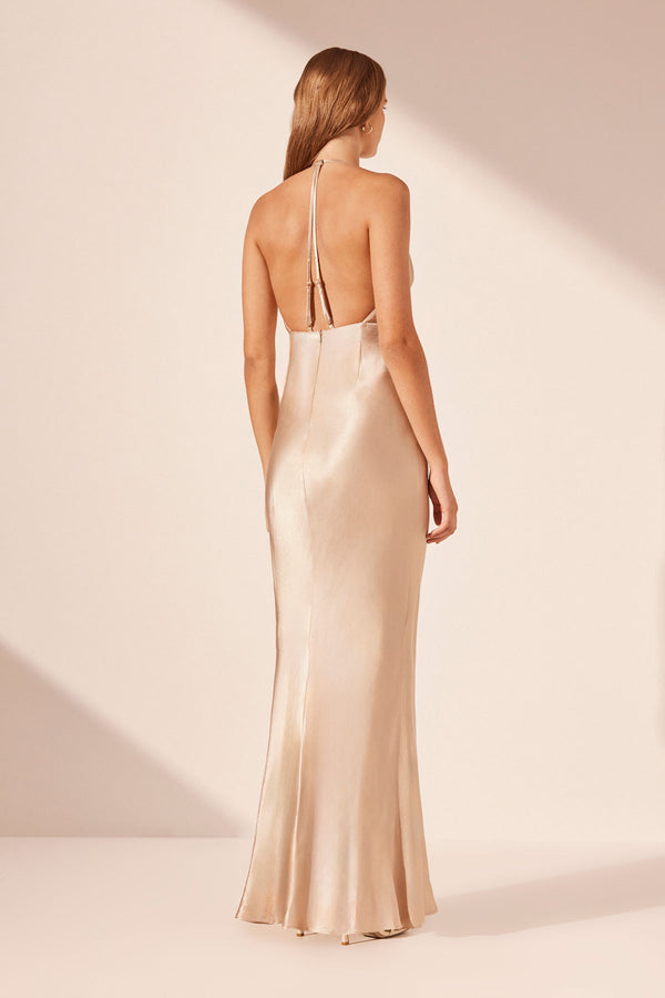 LA LUNE PLUNGED OPEN BACK HALTER MAXI DRESS - GOLD_B