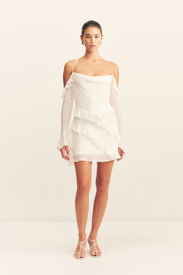 LIRA LONG SLEEVE RUFFLE MINI DRESS - IVORY_F