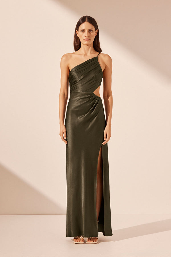 LA LUNE ASYMMETRICAL GATHERED MAXI DRESS - FOREST_F