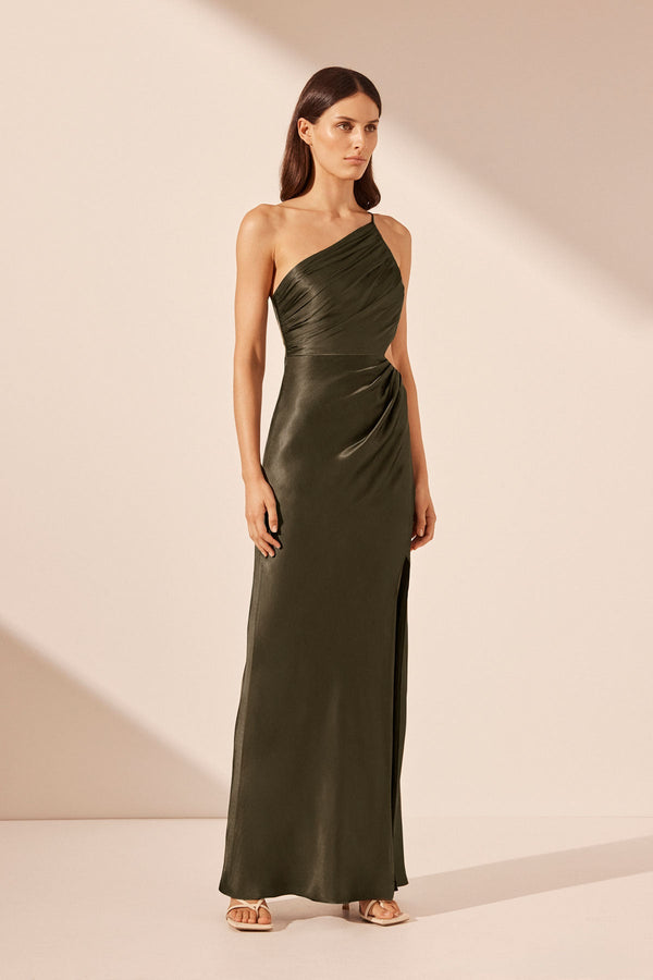 LA LUNE ASYMMETRICAL GATHERED MAXI DRESS - FOREST_A