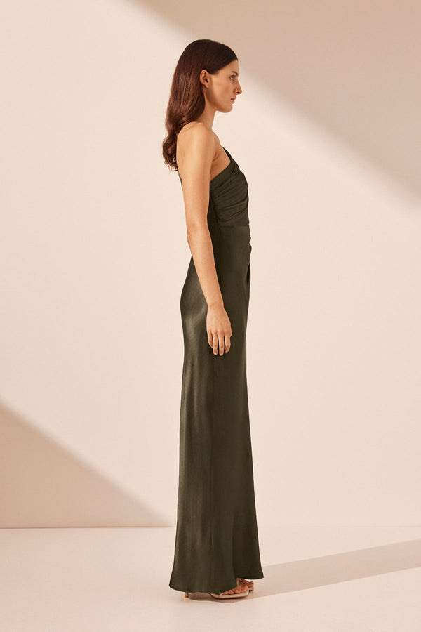 LA LUNE ASYMMETRICAL GATHERED MAXI DRESS - FOREST_S