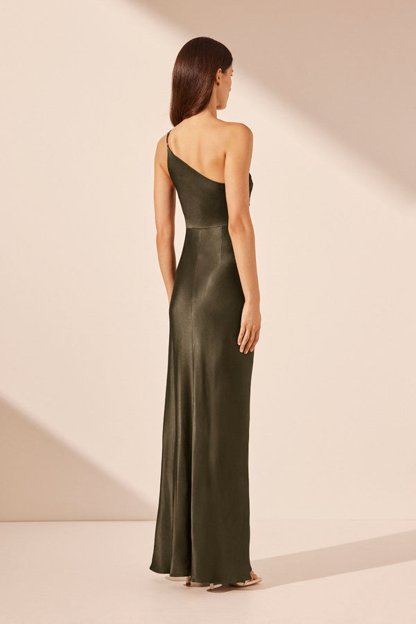LA LUNE ASYMMETRICAL GATHERED MAXI DRESS - FOREST_B
