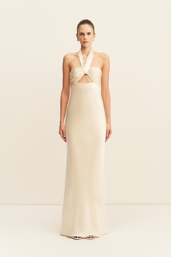 LA LUNE RUCHED HALTER MAXI DRESS - CREAM_F