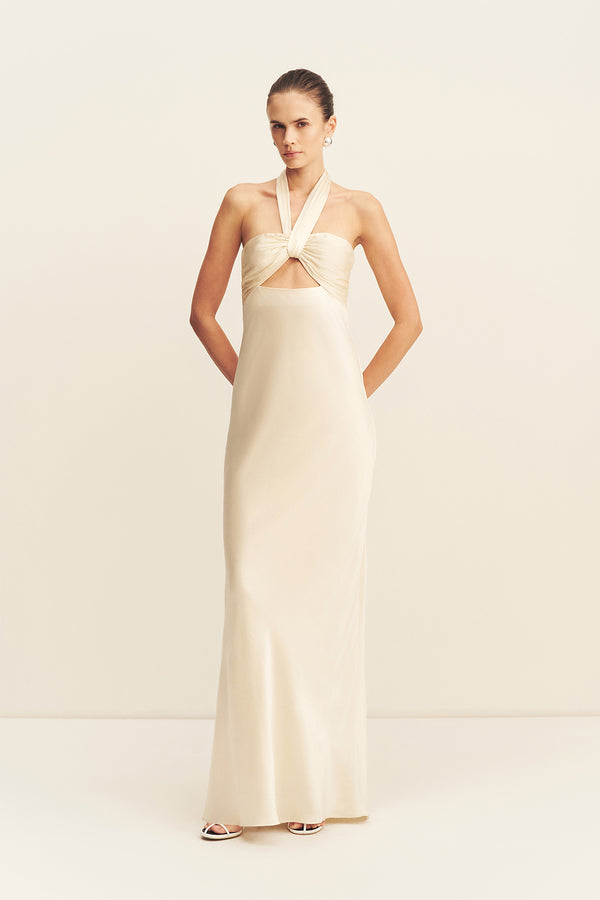LA LUNE RUCHED HALTER MAXI DRESS - CREAM
