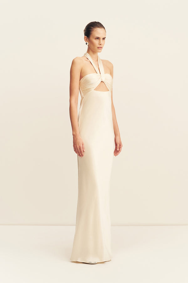 LA LUNE RUCHED HALTER MAXI DRESS - CREAM