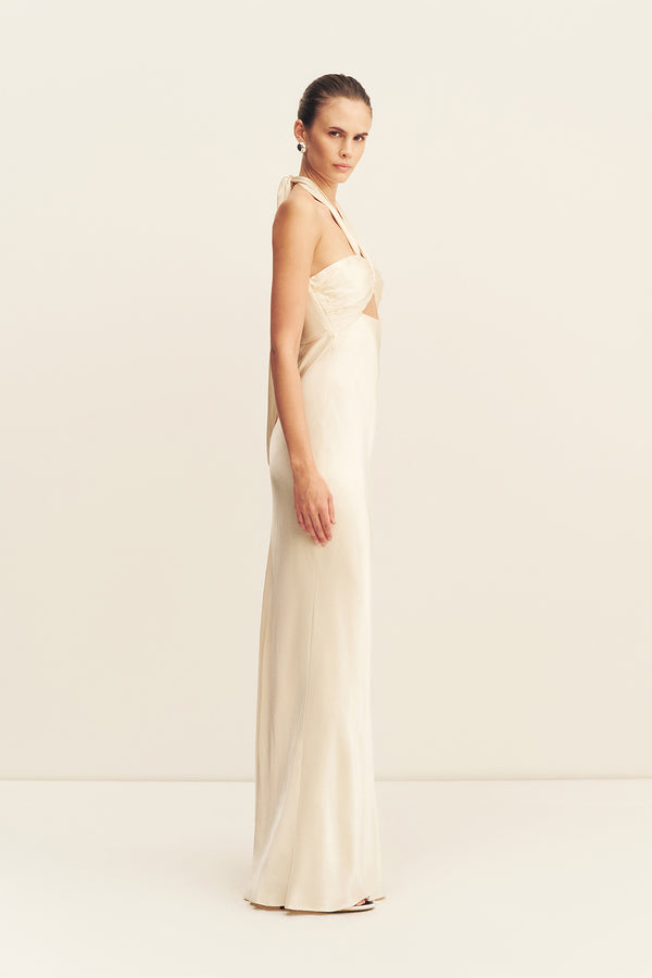 LA LUNE RUCHED HALTER MAXI DRESS - CREAM
