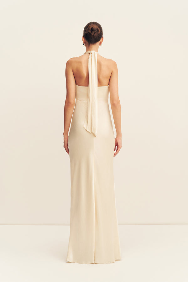 LA LUNE RUCHED HALTER MAXI DRESS - CREAM