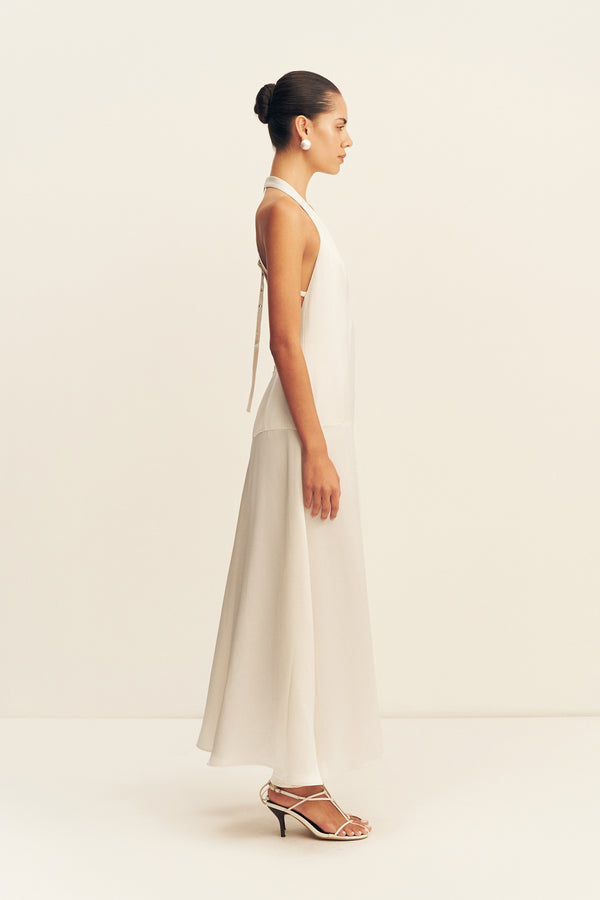 SAVANNA HALTER OPEN BACK MAXI DRESS - PEARL