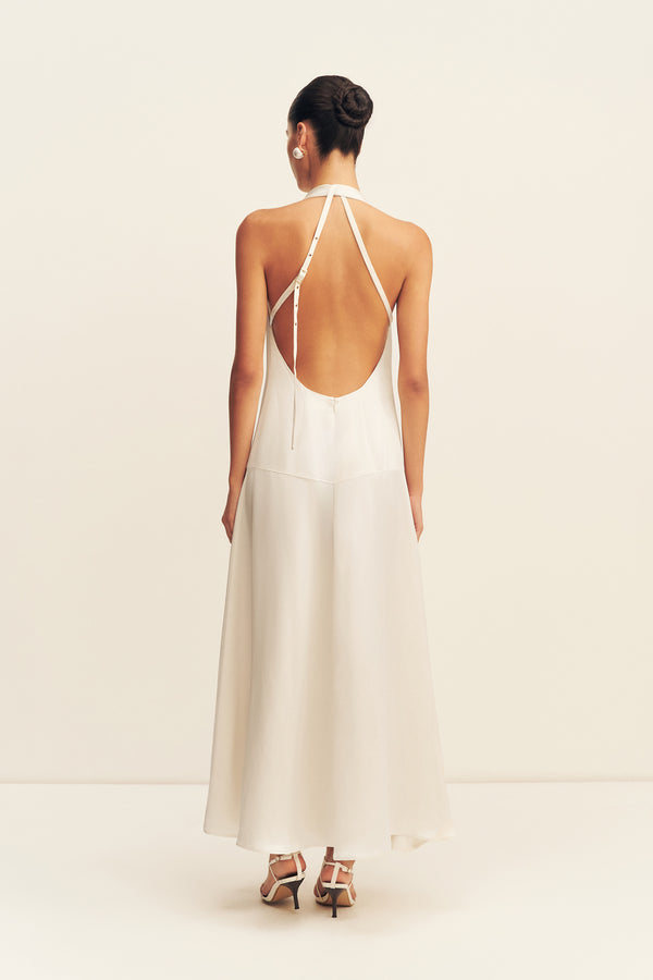 SAVANNA HALTER OPEN BACK MAXI DRESS - PEARL