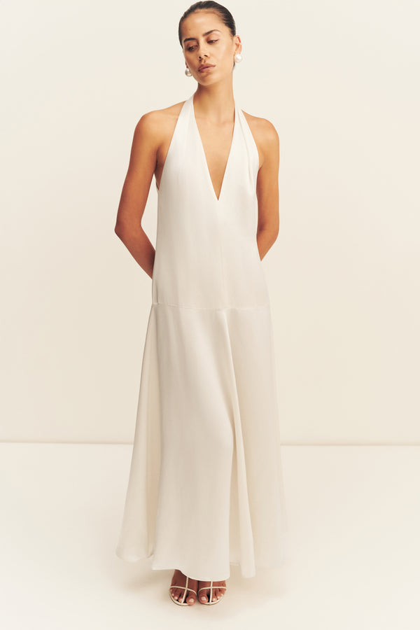SAVANNA HALTER OPEN BACK MAXI DRESS - PEARL