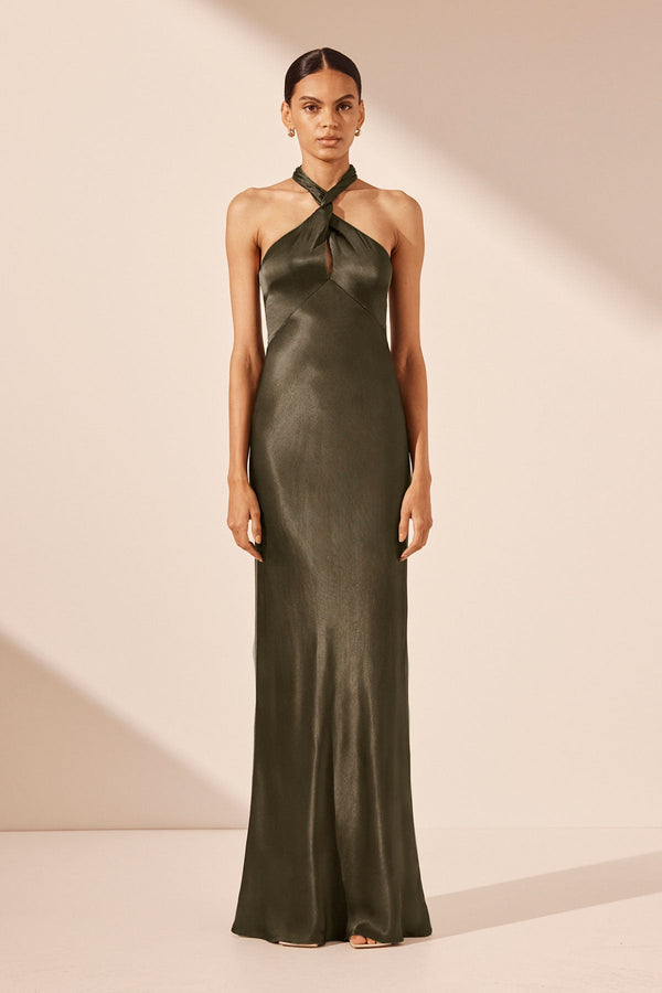 LA LUNE HIGH NECK TWIST MAXI DRESS - FOREST_F