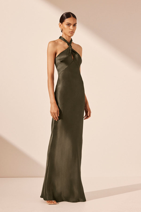 LA LUNE HIGH NECK TWIST MAXI DRESS - FOREST_A