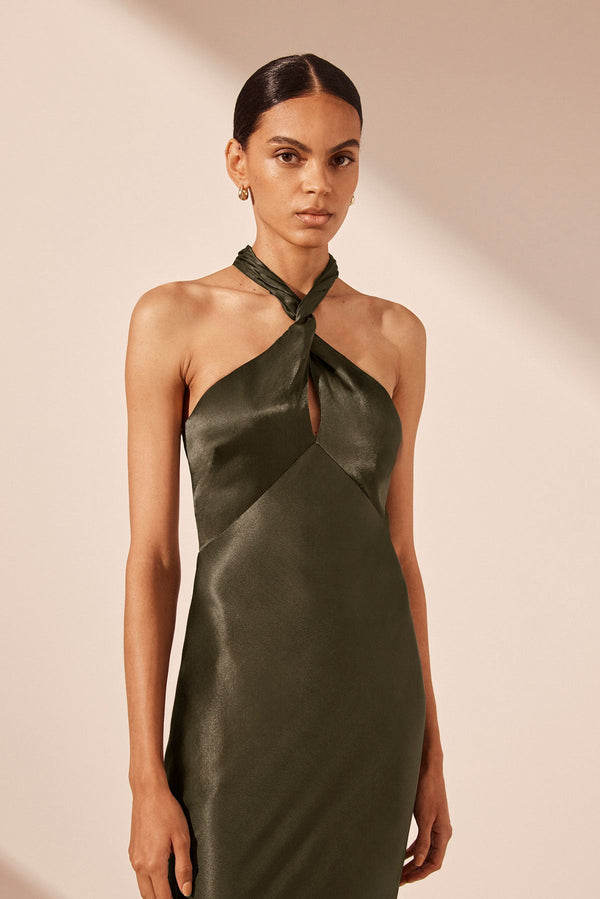 LA LUNE HIGH NECK TWIST MAXI DRESS - FOREST_D