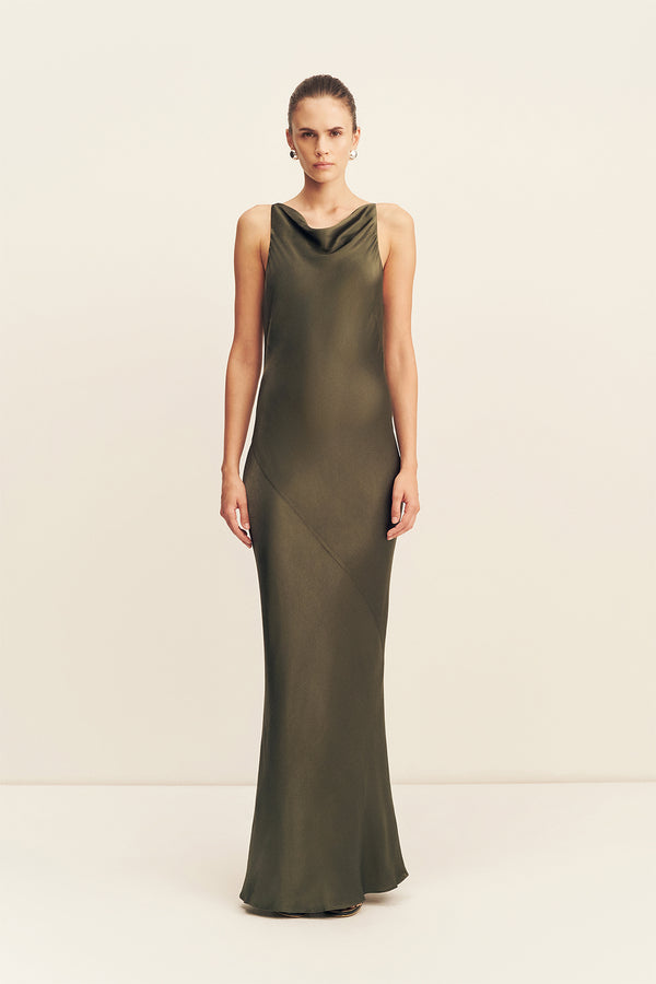 LA LUNE HIGH NECK COWL MAXI DRESS - FOREST_F