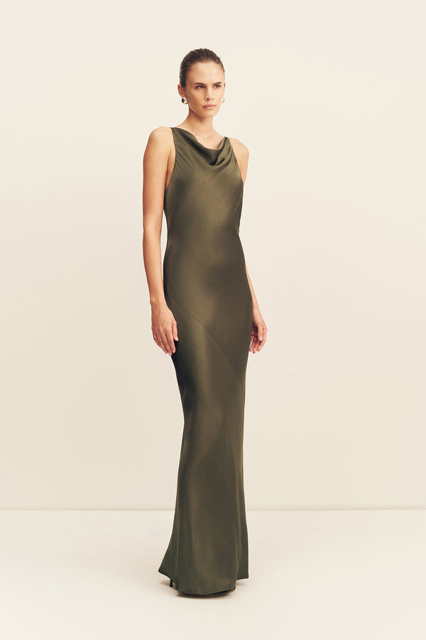 LA LUNE HIGH NECK COWL MAXI DRESS - FOREST