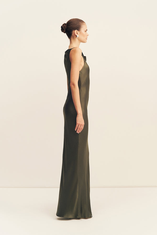 LA LUNE HIGH NECK COWL MAXI DRESS - FOREST