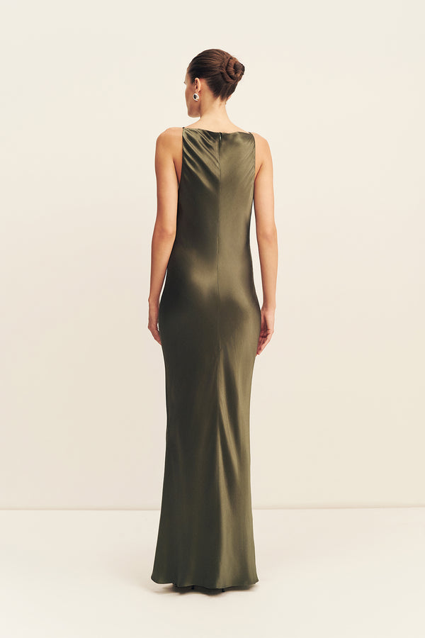 LA LUNE HIGH NECK COWL MAXI DRESS - FOREST